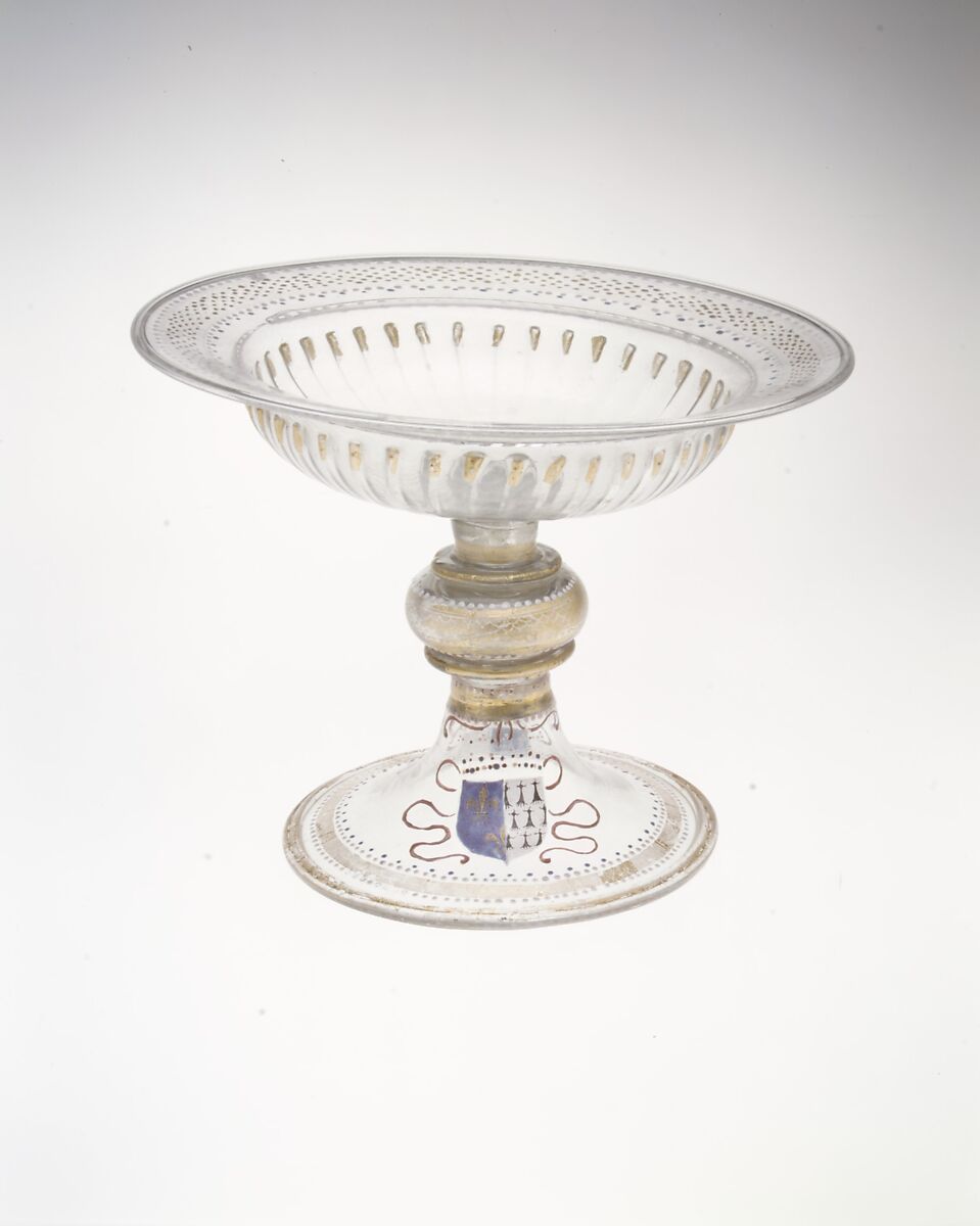 Armorial tazza, Italian (Venice) or façon de Venise (Venetian-style), Colorless (slightly gray) nonlead glass; blown, pattern-molded, enameled, gilt, Venetian or façon de Venise, or French