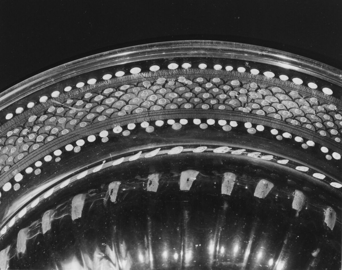 Armorial tazza, Italian (Venice) or façon de Venise (Venetian-style), Colorless (slightly gray) nonlead glass; blown, pattern-molded, enameled, gilt, Venetian or façon de Venise, or French