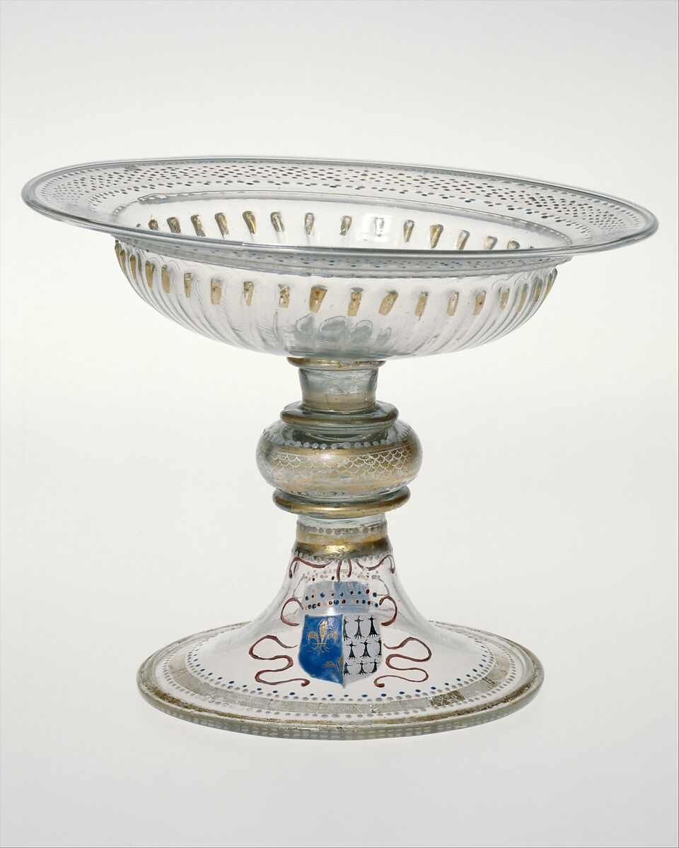 Armorial tazza, Italian (Venice) or façon de Venise (Venetian-style), Colorless (slightly gray) nonlead glass; blown, pattern-molded, enameled, gilt, Venetian or façon de Venise, or French