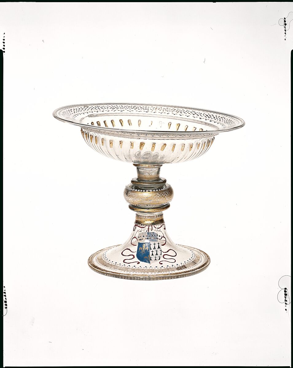 Armorial tazza, Italian (Venice) or façon de Venise (Venetian-style), Colorless (slightly gray) nonlead glass; blown, pattern-molded, enameled, gilt, Venetian or façon de Venise, or French