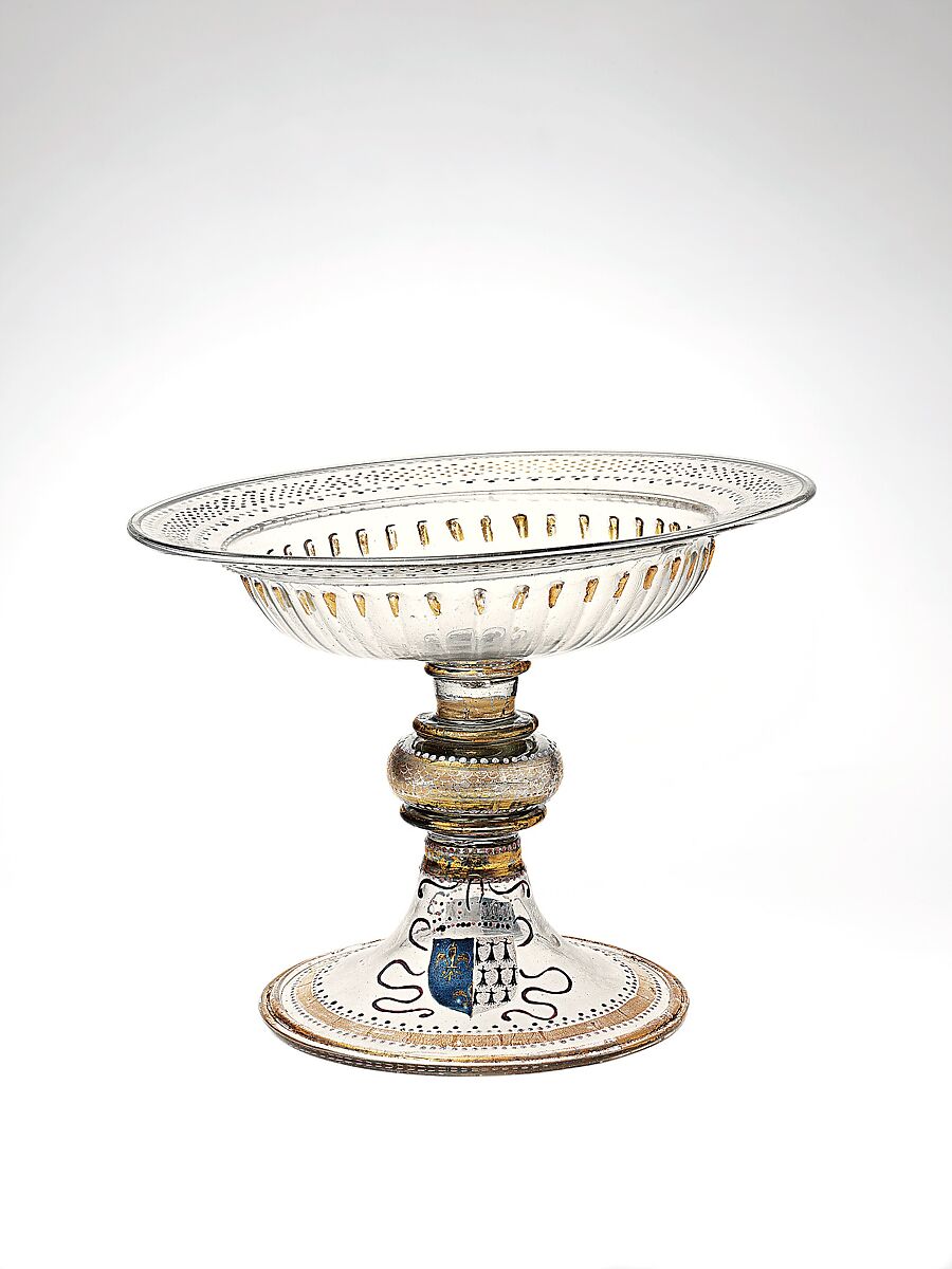 Armorial tazza, Italian (Venice) or façon de Venise (Venetian-style), Colorless (slightly gray) nonlead glass; blown, pattern-molded, enameled, gilt, Venetian or façon de Venise, or French