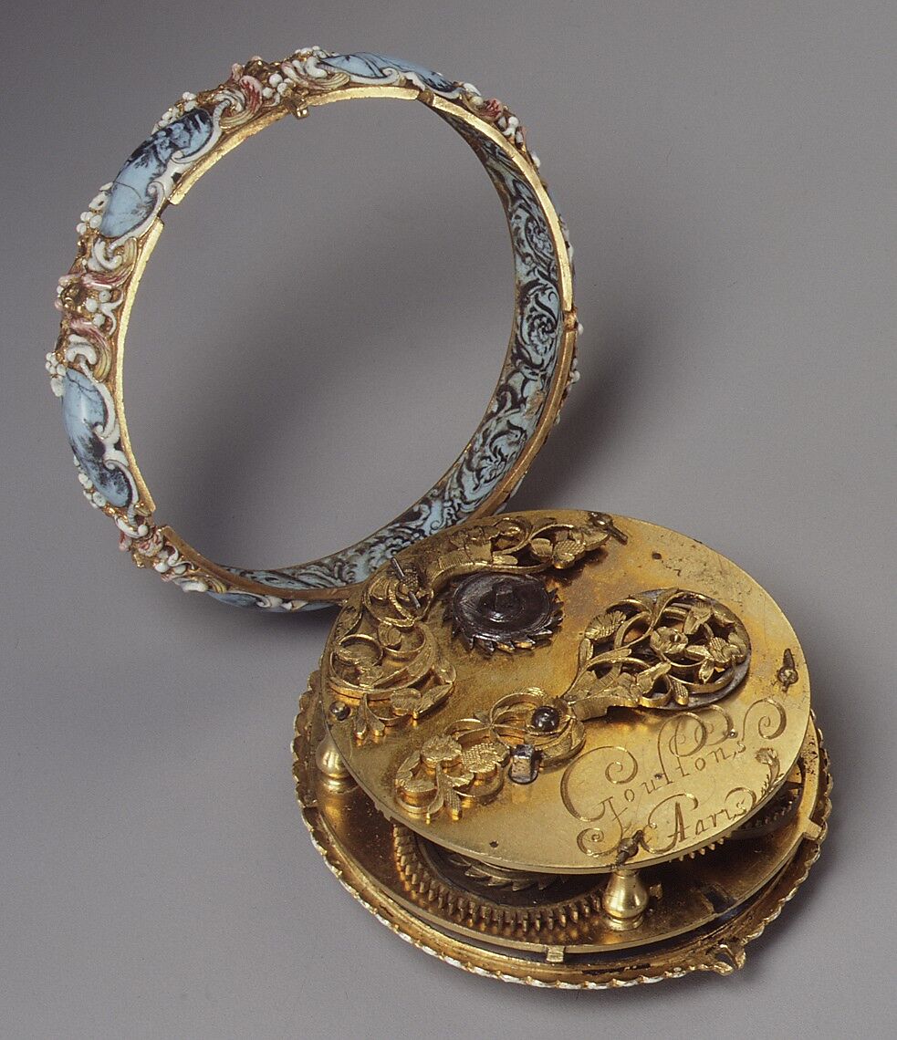 Watch, Jacques Goullons (French, recorded 1626, active Paris ca. 1640–60, died 1671), Case and dial of enameled gold; hand of steel; movement of brass, partly gilded, and steel