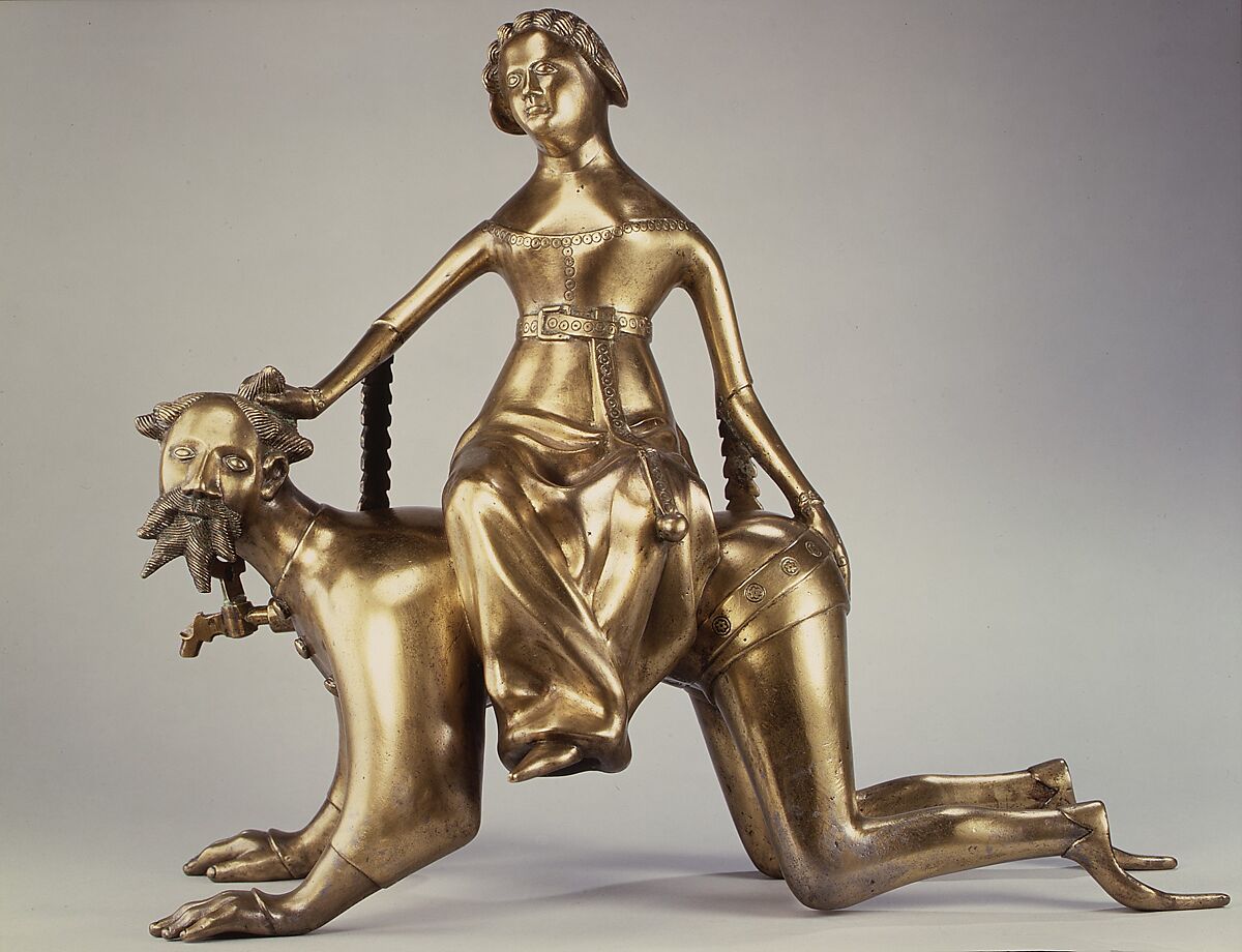 Aquamanile in the Form of Aristotle and Phyllis, Bronze; Quaternary copper alloy (approx. 72% copper, approx. 17% zinc,
approx. 6% lead, approx. 3% tin)., South Netherlandish