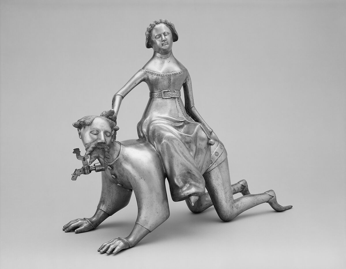 Aquamanile in the Form of Aristotle and Phyllis, Bronze; Quaternary copper alloy (approx. 72% copper, approx. 17% zinc,
approx. 6% lead, approx. 3% tin)., South Netherlandish