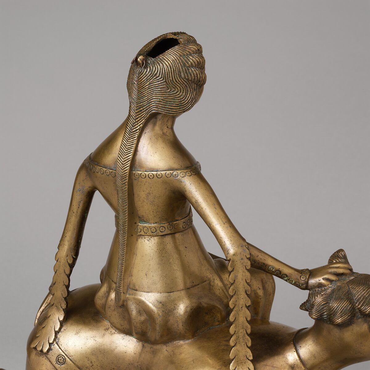 Aquamanile in the Form of Aristotle and Phyllis, Bronze; Quaternary copper alloy (approx. 72% copper, approx. 17% zinc,
approx. 6% lead, approx. 3% tin)., South Netherlandish