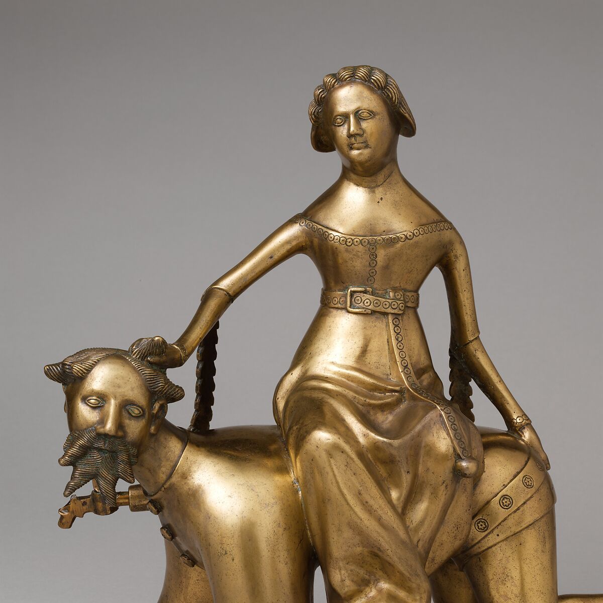 Aquamanile in the Form of Aristotle and Phyllis, Bronze; Quaternary copper alloy (approx. 72% copper, approx. 17% zinc,
approx. 6% lead, approx. 3% tin)., South Netherlandish