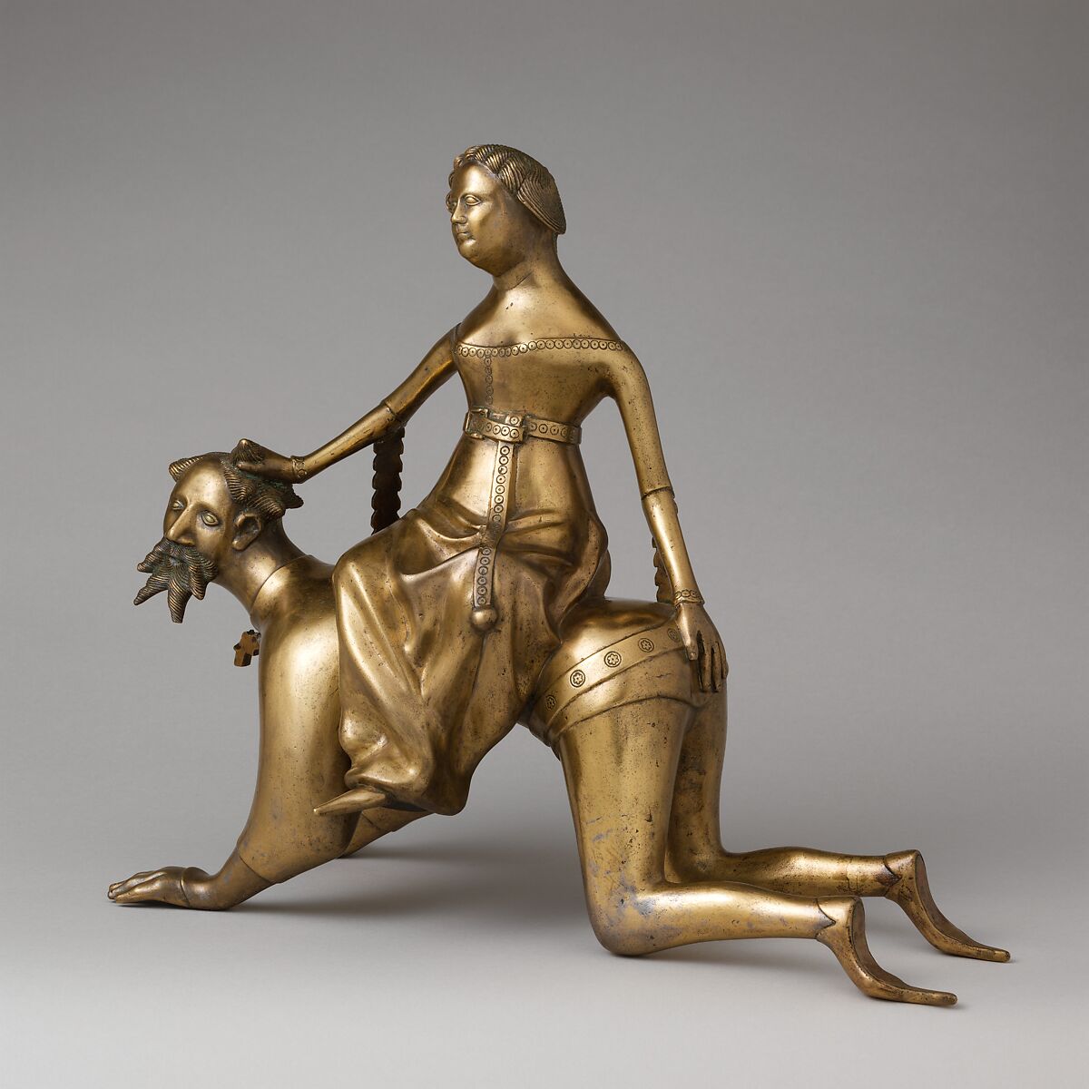 Aquamanile in the Form of Aristotle and Phyllis, Bronze; Quaternary copper alloy (approx. 72% copper, approx. 17% zinc,
approx. 6% lead, approx. 3% tin)., South Netherlandish