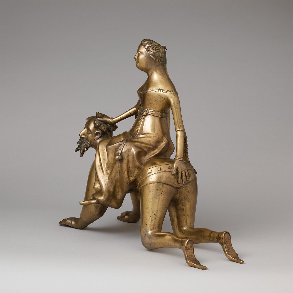 Aquamanile in the Form of Aristotle and Phyllis, Bronze; Quaternary copper alloy (approx. 72% copper, approx. 17% zinc,
approx. 6% lead, approx. 3% tin)., South Netherlandish