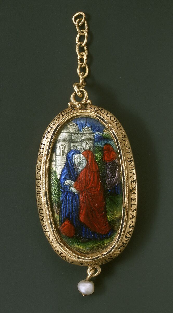 Paternoster Pendant with the Virgin and Child (obverse) and the Meeting of Joachim and Anna at the Golden Gate (reverse), Sardonyx, enameled gold, and silver, Flemish or Burgundian, and Western European