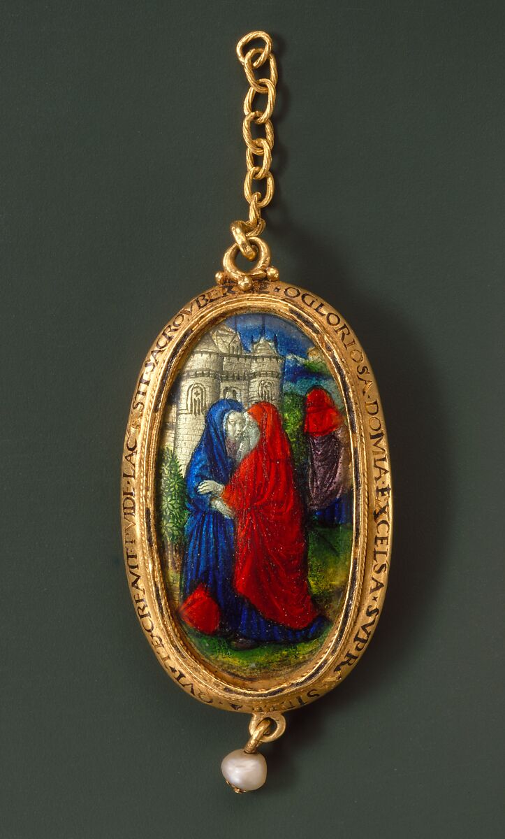 Paternoster Pendant with the Virgin and Child (obverse) and the Meeting of Joachim and Anna at the Golden Gate (reverse), Sardonyx, enameled gold, and silver, Flemish or Burgundian, and Western European
