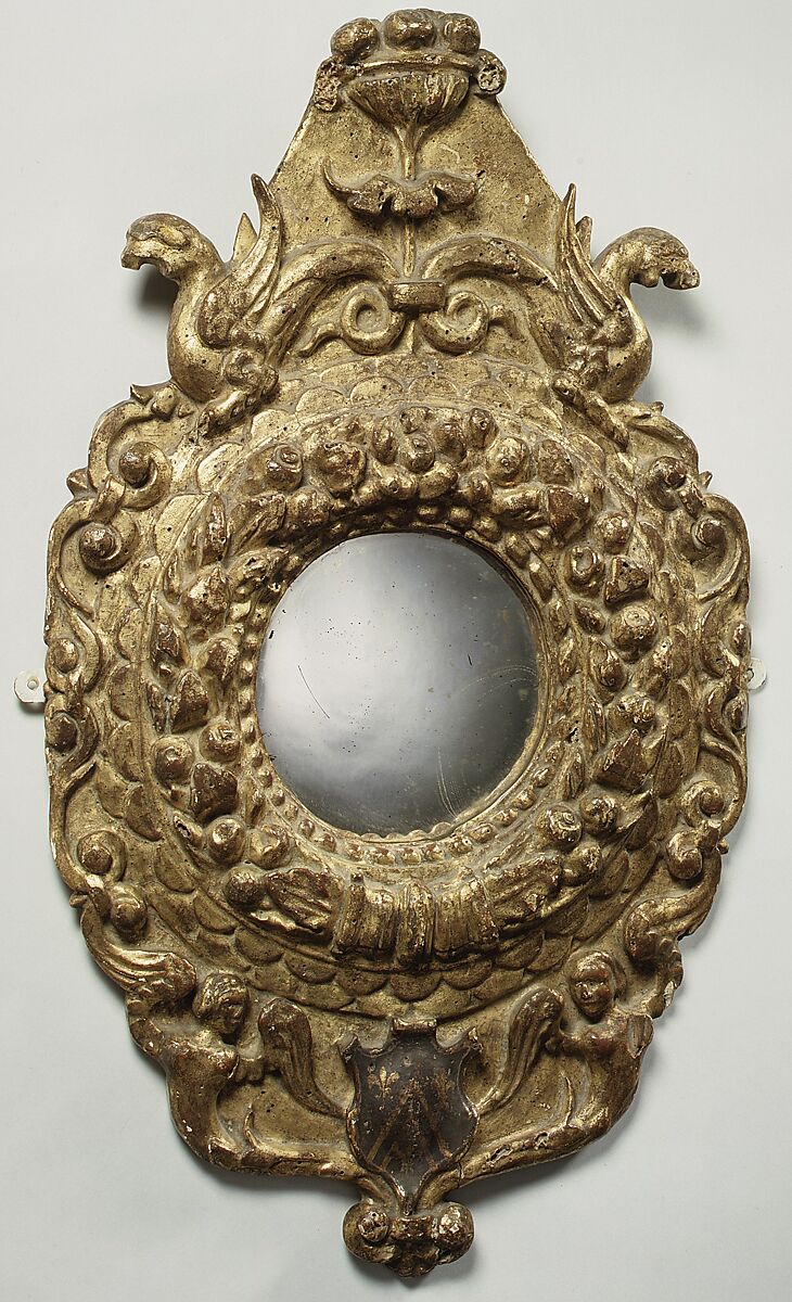 Tondo mirror frame, Italian, Siena, Poplar; carved, gilt; deep red-brown bole., Italian, Siena