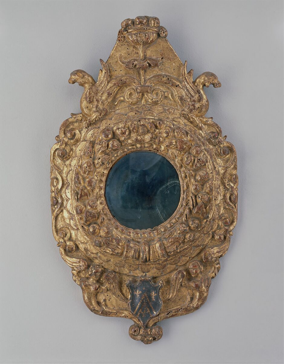 Tondo mirror frame, Italian, Siena, Poplar; carved, gilt; deep red-brown bole., Italian, Siena 
