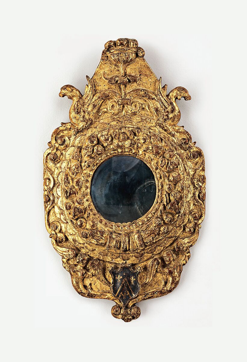 Tondo mirror frame, Italian, Siena, Poplar; carved, gilt; deep red-brown bole., Italian, Siena
