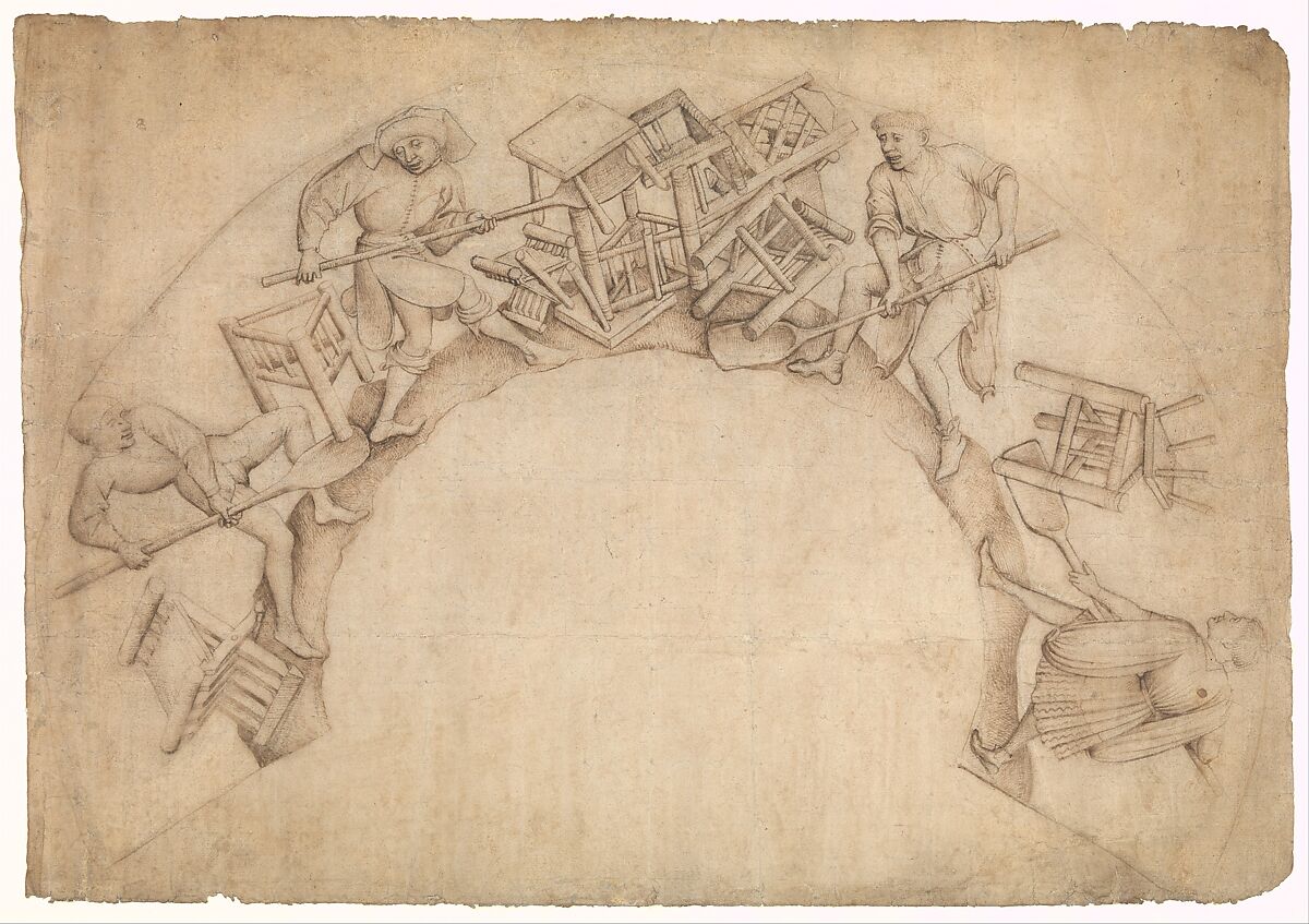 Men Shoveling Chairs (Scupstoel), Circle of Rogier van der Weyden, possibly Vranke van der Stockt (Netherlandish, ca. 1420–1495), Pen and brown ink over traces of black chalk. 