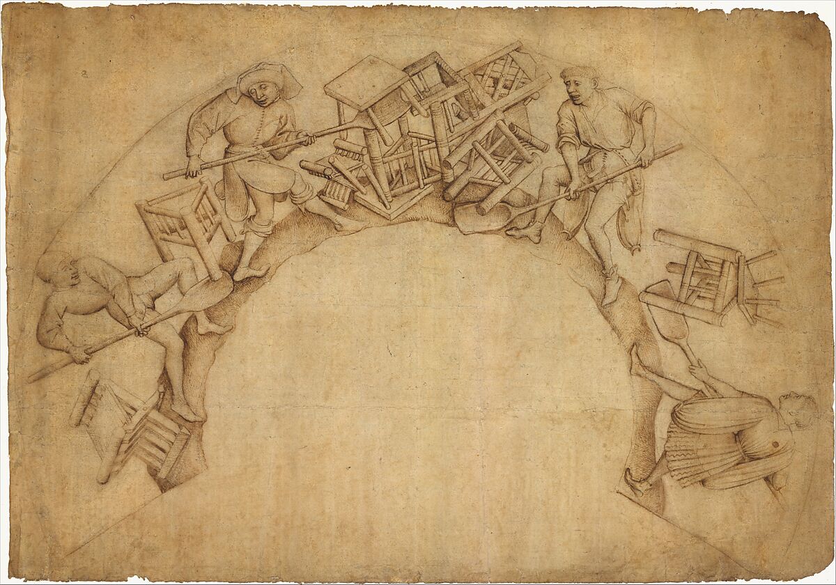 Men Shoveling Chairs (Scupstoel), Circle of Rogier van der Weyden, possibly Vranke van der Stockt (Netherlandish, ca. 1420–1495), Pen and brown ink over traces of black chalk.