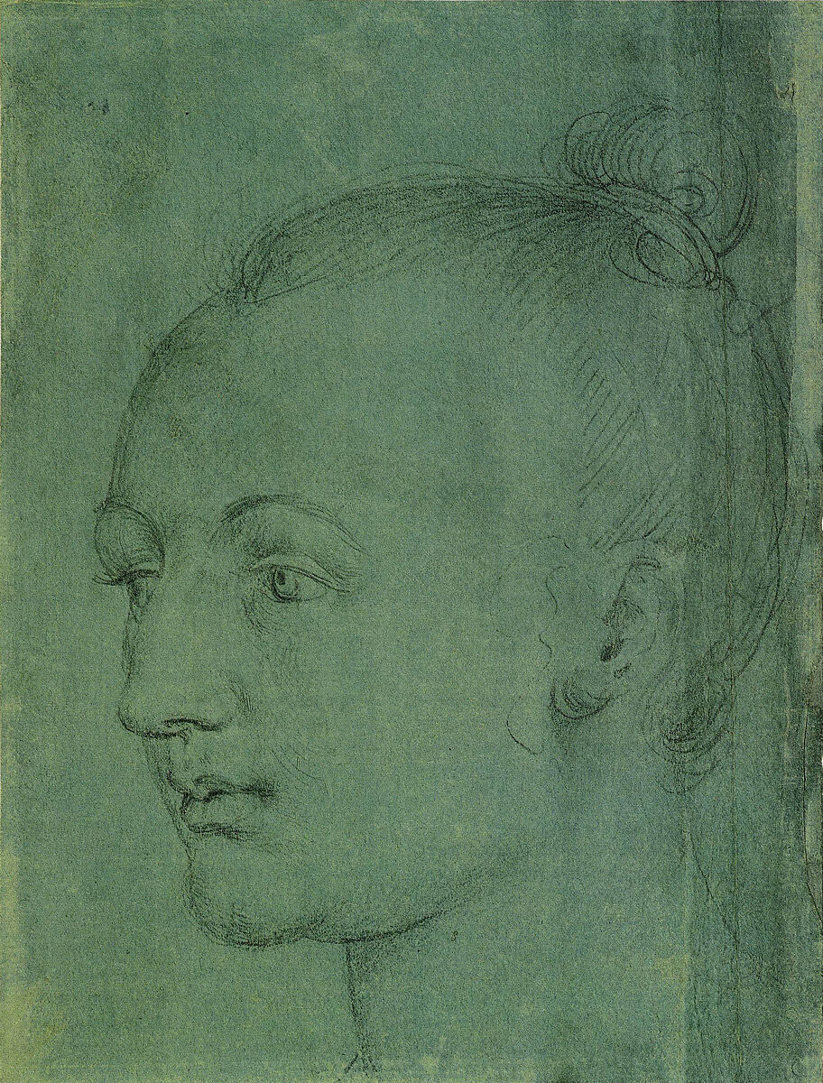 Head of a Young Woman, Albrecht Dürer (German, Nuremberg 1471–1528 Nuremberg), Black chalk highlighted with white chalk (abraded) on green prepared paper.