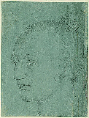 Head of a Young Woman, Albrecht Dürer (German, Nuremberg 1471–1528 Nuremberg), Black chalk highlighted with white chalk (abraded) on green prepared paper.