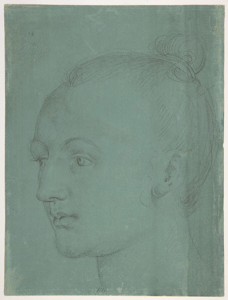 Head of a Young Woman, Albrecht Dürer (German, Nuremberg 1471–1528 Nuremberg), Black chalk highlighted with white chalk (abraded) on green prepared paper. 