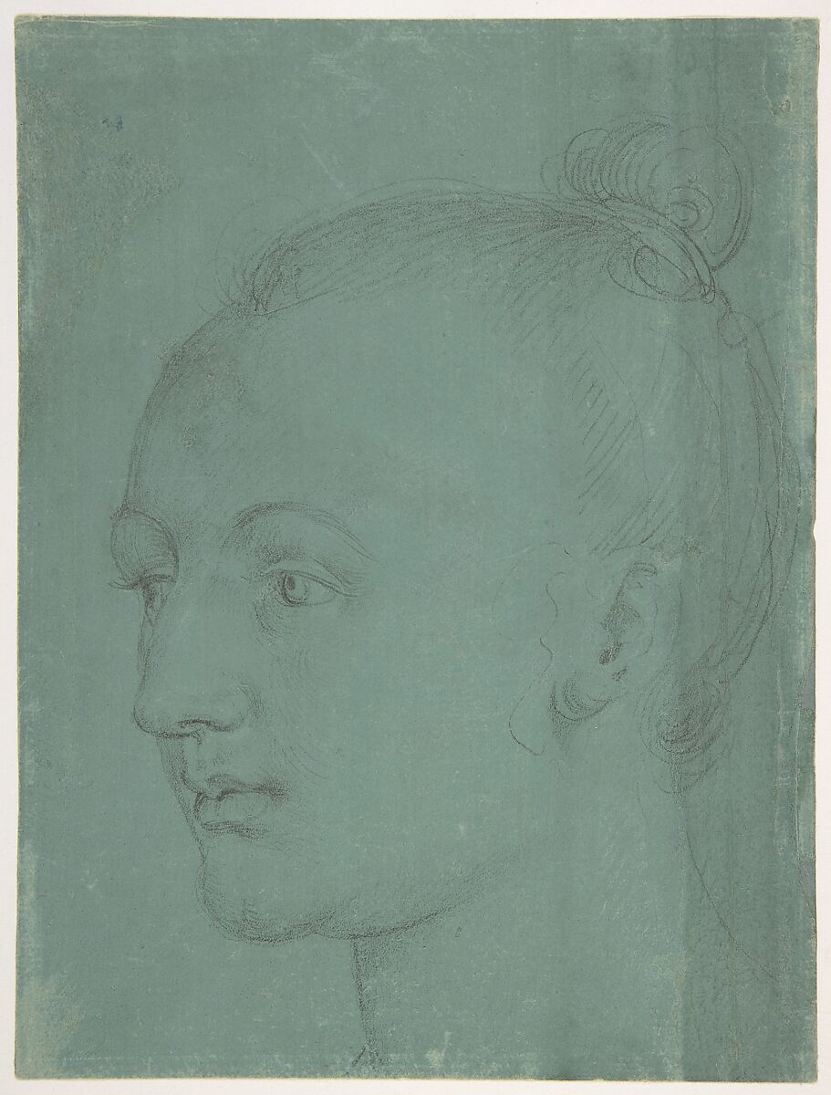 Head of a Young Woman, Albrecht Dürer  German, Black chalk highlighted with white chalk (abraded) on green prepared paper.