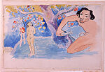 Hiro and the Virgin (after Paul Gauguin), Henri de Monfried (Le Franqui 1879–Ingrandes 1974), Watercolor, ink and graphite on off-white wove paper mounted on Bristol board