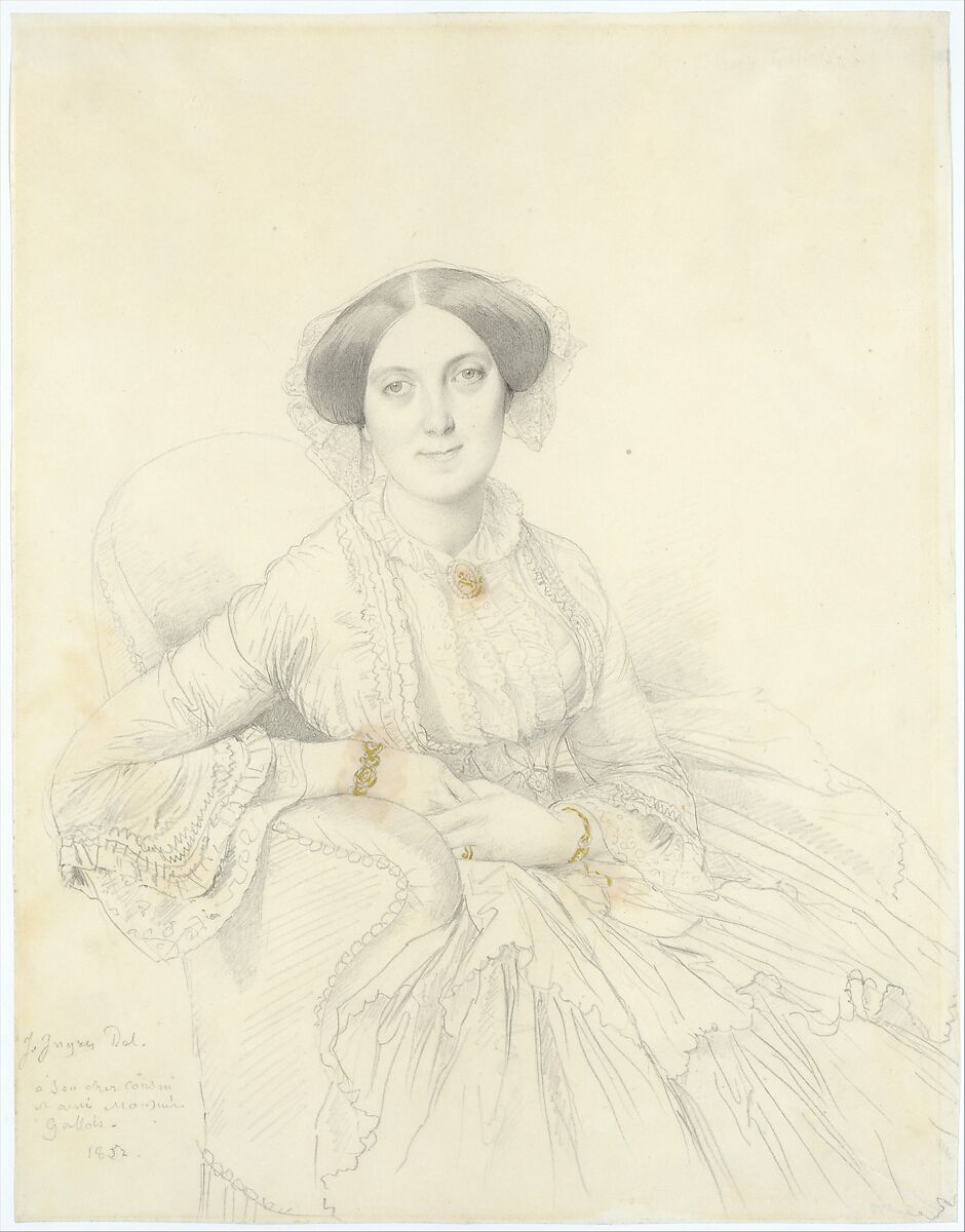 Madame Félix Gallois, Jean Auguste Dominique Ingres (French, Montauban 1780–1867 Paris), Graphite with touches of gold in oil to highlight jewelry, on buff wove paper.