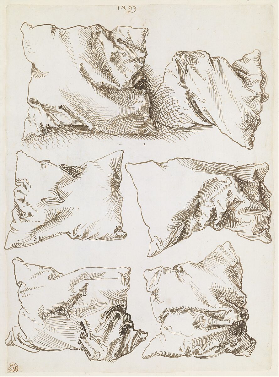 Self-portrait, Study of a Hand and a Pillow (recto); Six Studies of Pillows (verso), Albrecht Dürer (German, Nuremberg 1471–1528 Nuremberg), Pen and brown ink