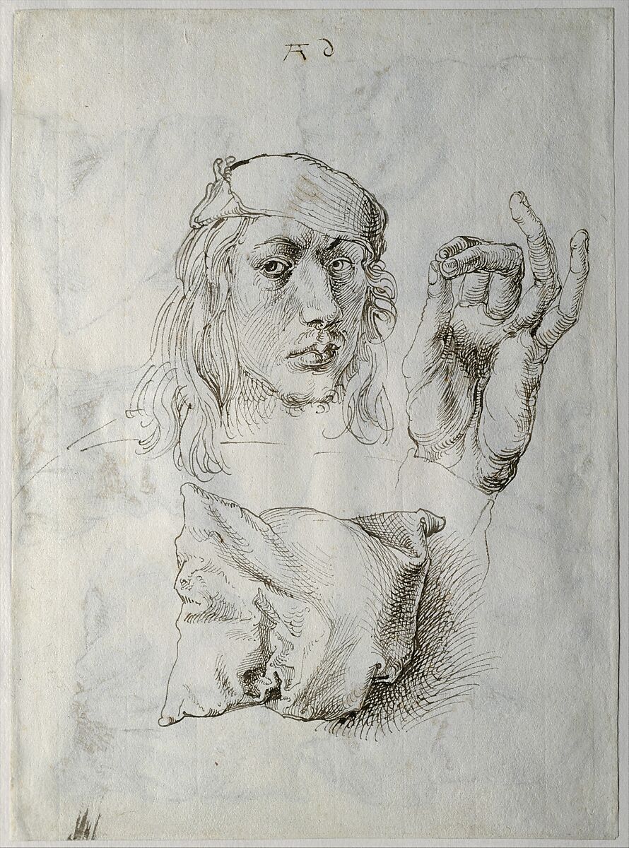 Self-portrait, Study of a Hand and a Pillow (recto); Six Studies of Pillows (verso), Albrecht Dürer (German, Nuremberg 1471–1528 Nuremberg), Pen and brown ink