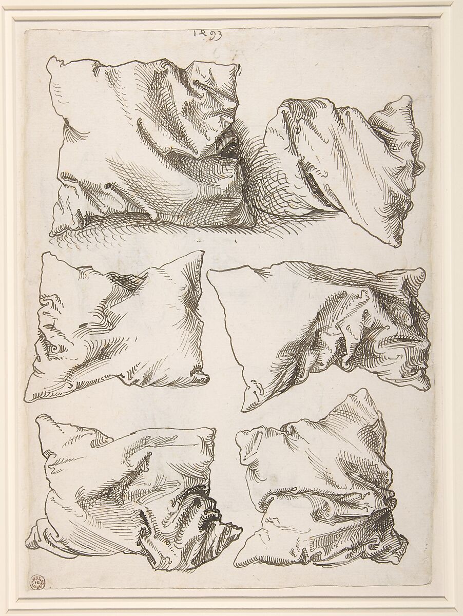 Self-portrait, Study of a Hand and a Pillow (recto); Six Studies of Pillows (verso), Albrecht Dürer (German, Nuremberg 1471–1528 Nuremberg), Pen and brown ink