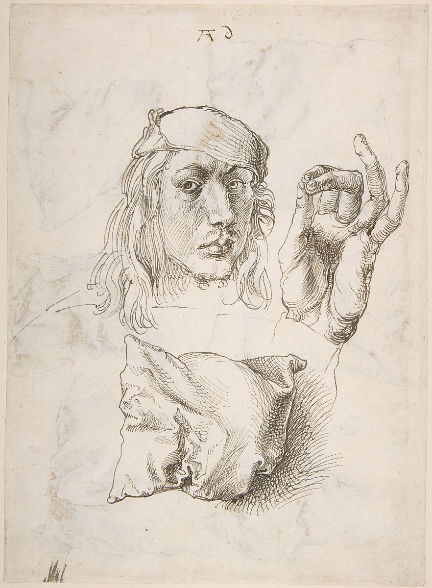 Self-portrait, Study of a Hand and a Pillow (recto); Six Studies of Pillows (verso), Albrecht Dürer (German, Nuremberg 1471–1528 Nuremberg), Pen and brown ink