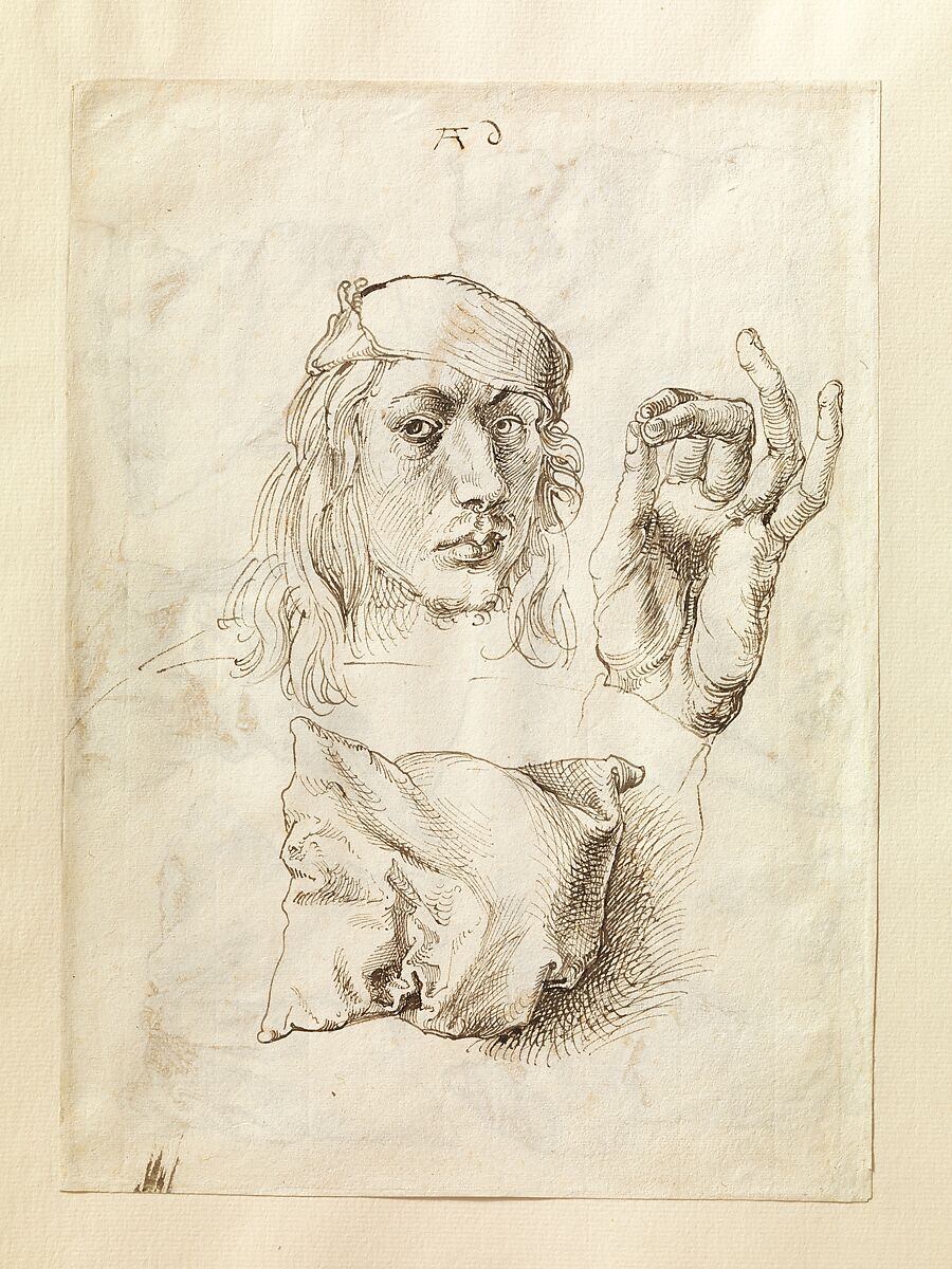 Self-portrait, Study of a Hand and a Pillow (recto); Six Studies of Pillows (verso), Albrecht Dürer (German, Nuremberg 1471–1528 Nuremberg), Pen and brown ink 
