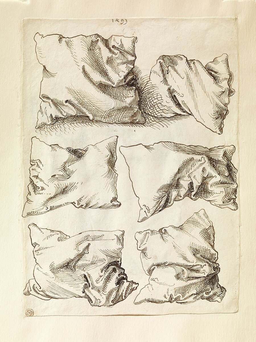 Self-portrait, Study of a Hand and a Pillow (recto); Six Studies of Pillows (verso), Albrecht Dürer (German, Nuremberg 1471–1528 Nuremberg), Pen and brown ink