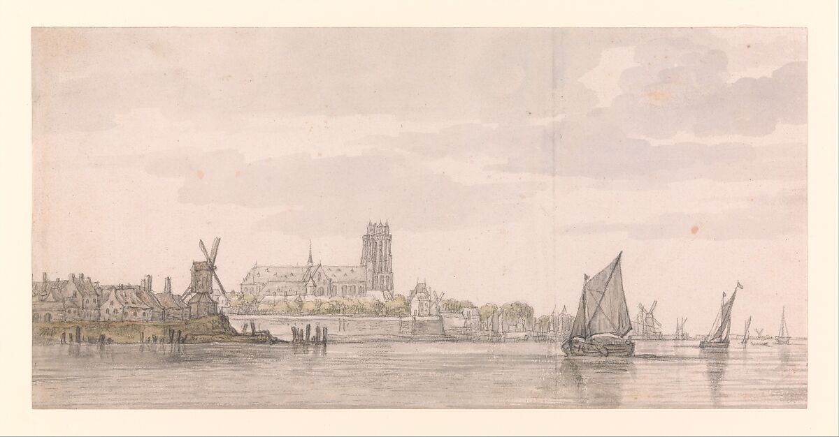 View of the Groote Kerk in Dordrecht from the River Maas, Aelbert Cuyp (Dutch, Dordrecht 1620–1691 Dordrecht), Black chalk and moistened black chalk, gray wash (mainly in the clouds, water and sails), greenish yellow and grayish green wash (in the trees and under the houses at the left), and touches of brown chalk (in and under the houses at the left and on the large sailboat).