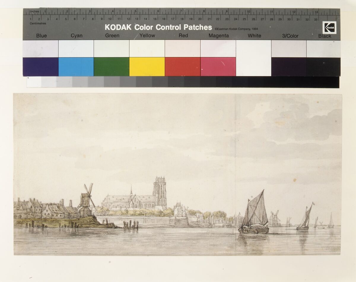 View of the Groote Kerk in Dordrecht from the River Maas, Aelbert Cuyp (Dutch, Dordrecht 1620–1691 Dordrecht), Black chalk and moistened black chalk, gray wash (mainly in the clouds, water and sails), greenish yellow and grayish green wash (in the trees and under the houses at the left), and touches of brown chalk (in and under the houses at the left and on the large sailboat).
