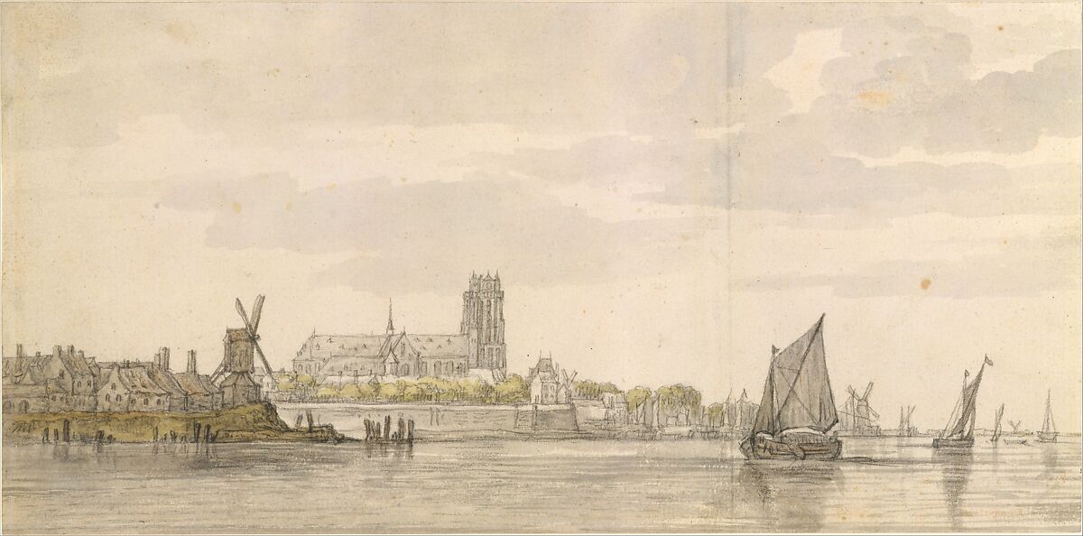 View of the Groote Kerk in Dordrecht from the River Maas, Aelbert Cuyp (Dutch, Dordrecht 1620–1691 Dordrecht), Black chalk and moistened black chalk, gray wash (mainly in the clouds, water and sails), greenish yellow and grayish green wash (in the trees and under the houses at the left), and touches of brown chalk (in and under the houses at the left and on the large sailboat).