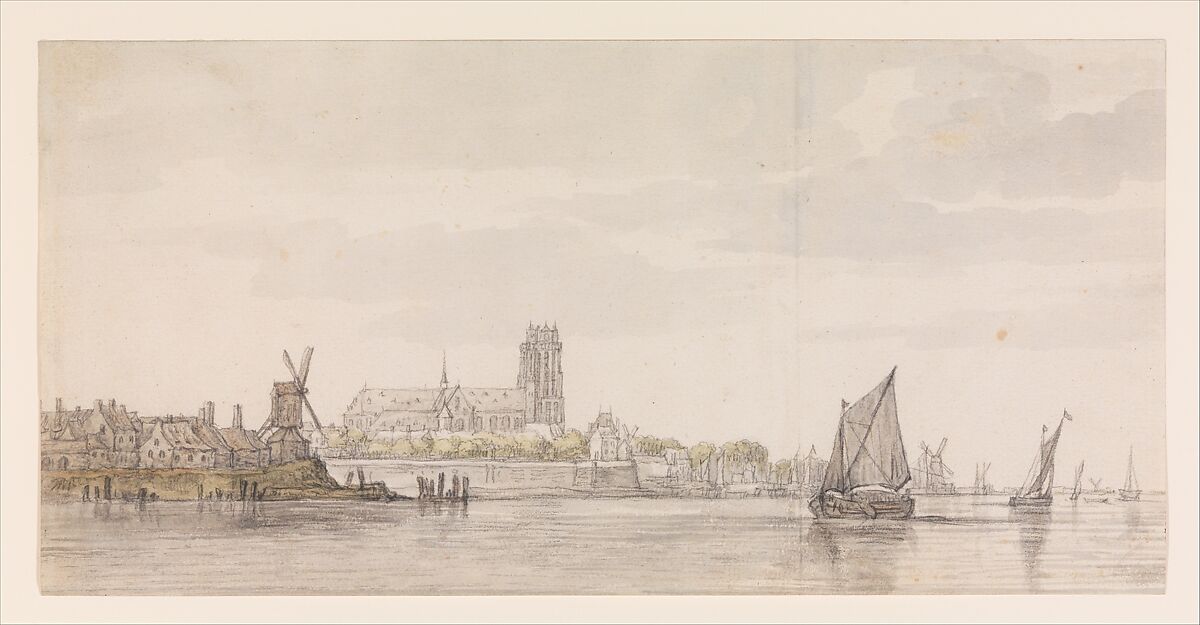 View of the Groote Kerk in Dordrecht from the River Maas, Aelbert Cuyp (Dutch, Dordrecht 1620–1691 Dordrecht), Black chalk and moistened black chalk, gray wash (mainly in the clouds, water and sails), greenish yellow and grayish green wash (in the trees and under the houses at the left), and touches of brown chalk (in and under the houses at the left and on the large sailboat). 