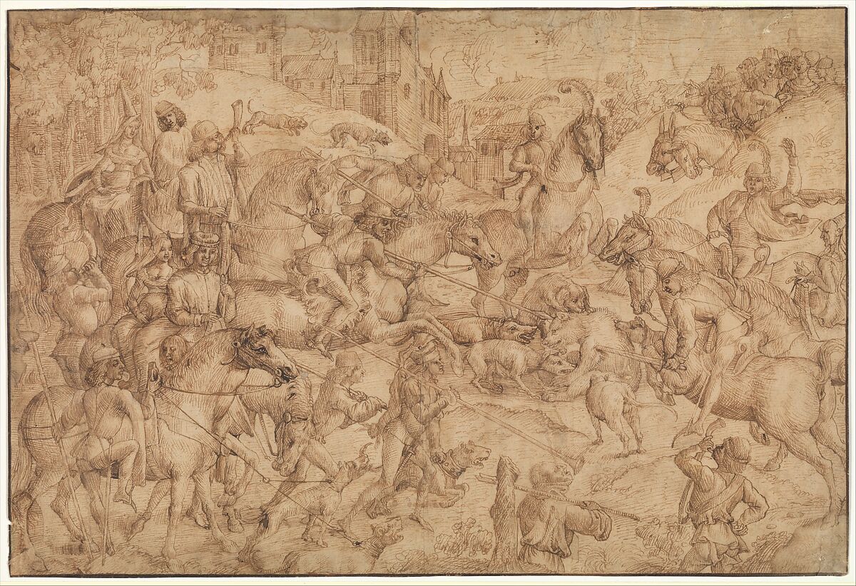 Bear Hunt, Flanders (Brussels?) (1470–1490), Pen and brown ink, Flemish 