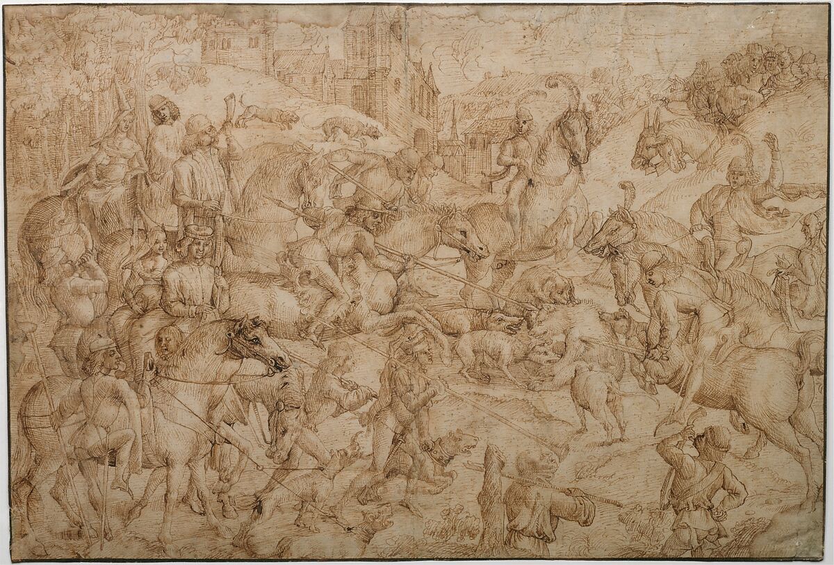 Bear Hunt, Flanders (Brussels?) (1470–1490), Pen and brown ink, Flemish