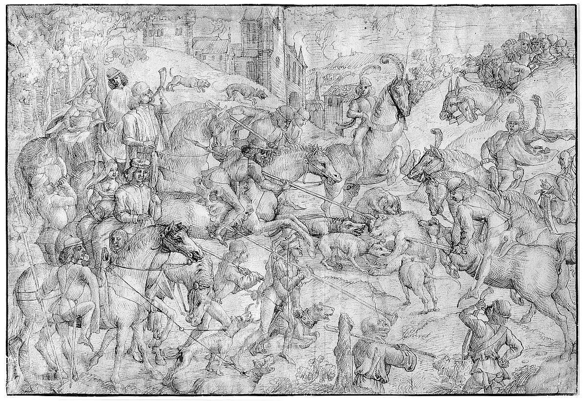 Bear Hunt, Flanders (Brussels?) (1470–1490), Pen and brown ink, Flemish