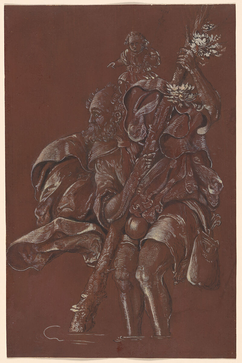 Saint Christopher, Follower of Hans Baldung Grien (Upper Rhine, third quarter of the sixteenth century), Pen and black ink, brush and blackish brown and blackish gray wash, highlighted with opaque white, on reddish brown prepared paper, German, Upper Rhine 