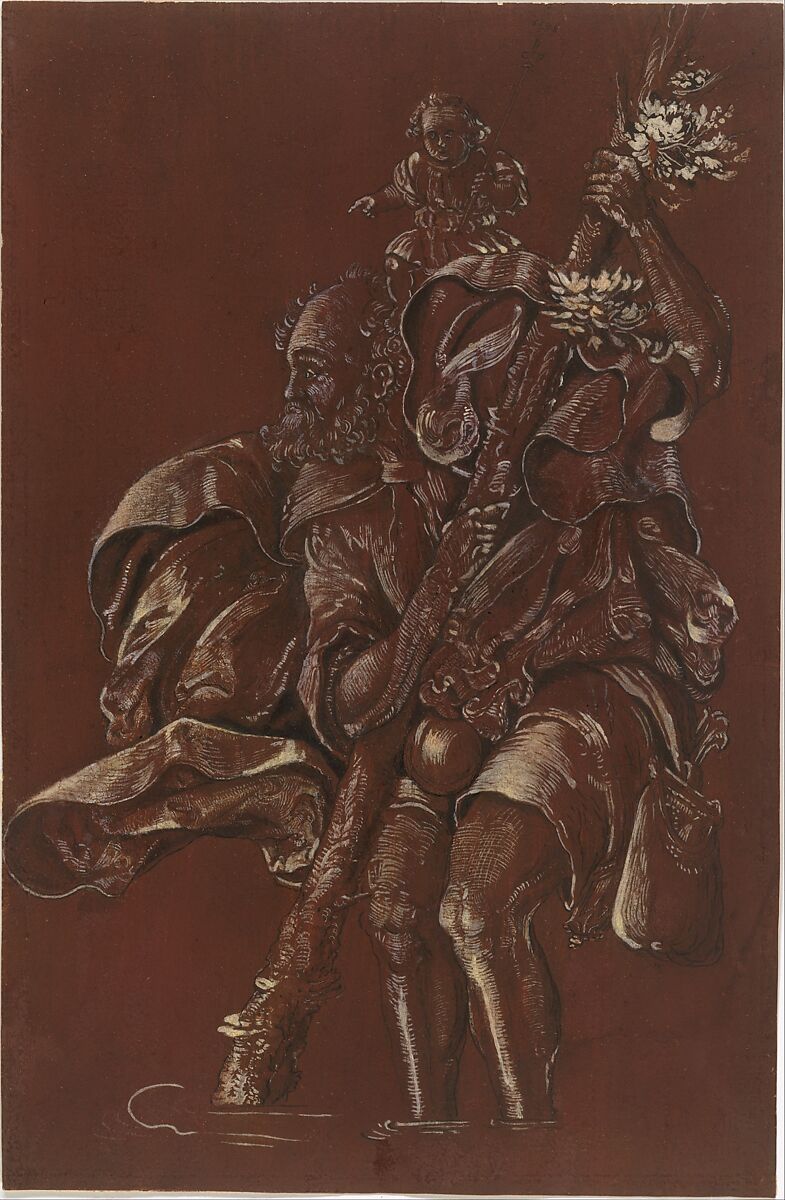 Saint Christopher, Follower of Hans Baldung Grien (Upper Rhine, third quarter of the sixteenth century), Pen and black ink, brush and blackish brown and blackish gray wash, highlighted with opaque white, on reddish brown prepared paper, German, Upper Rhine
