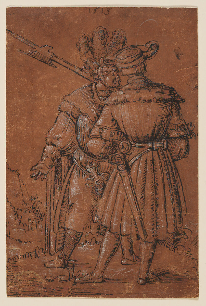 Two Lansquenets, Circle of Erhard Altdorfer (German, 1480/85–1561/62 Schwerin), Pen and black ink highlighted with brush and opaque white on reddish brown prepared paper. 