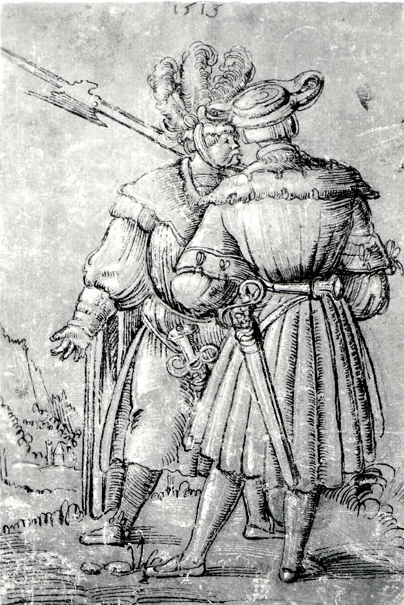 Two Lansquenets, Circle of Erhard Altdorfer (German, 1480/85–1561/62 Schwerin), Pen and black ink highlighted with brush and opaque white on reddish brown prepared paper.