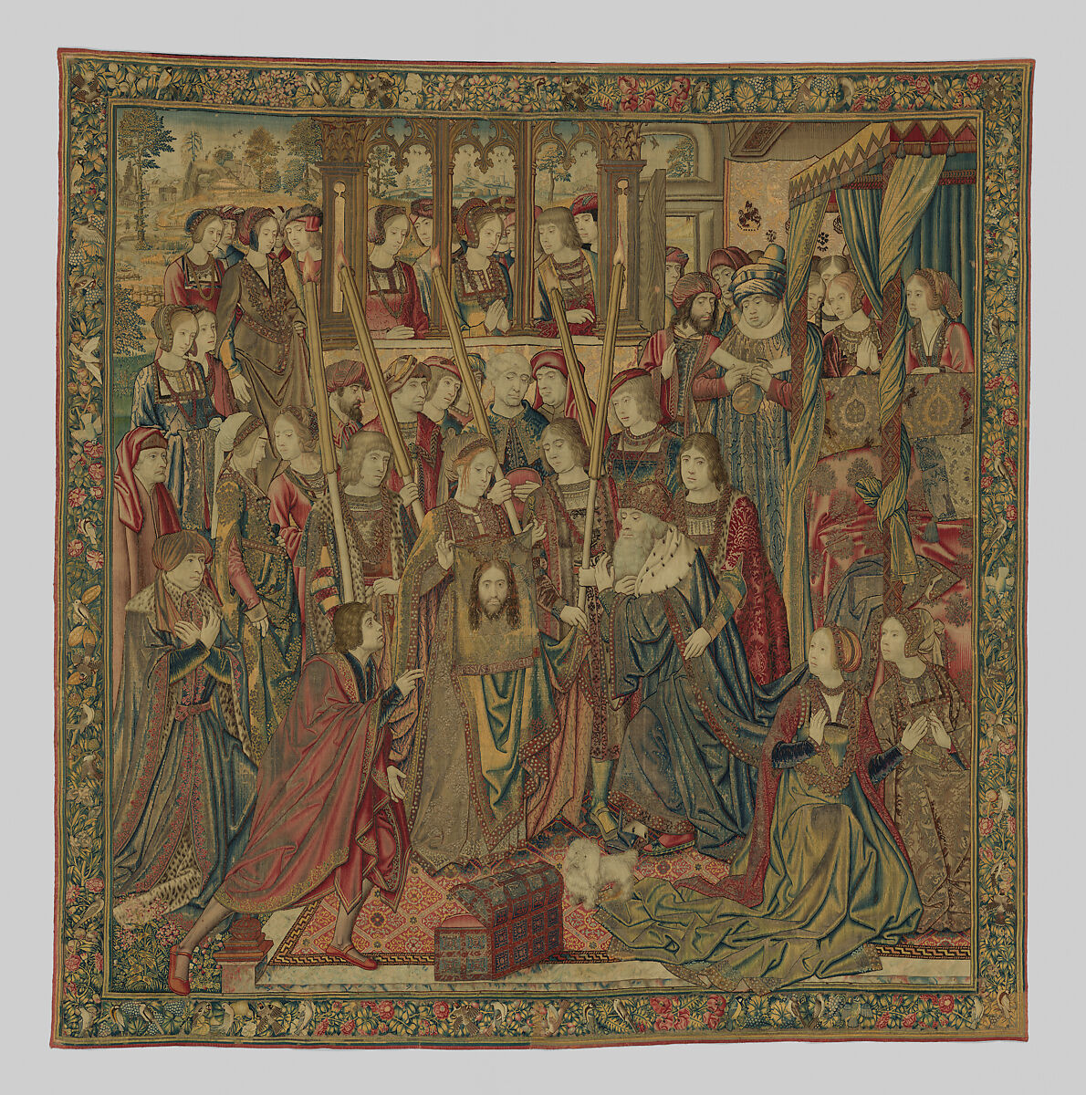 Emperor Vespasian Cured by Veronica's Veil, Wool, silk, and gilt-metal-strip-wrapped silk in slit, dovetailed, and double interlocking tapestry weave., Flemish, Brussels 