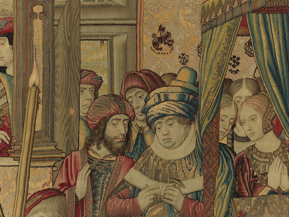 Emperor Vespasian Cured by Veronica's Veil, Wool, silk, and gilt-metal-strip-wrapped silk in slit, dovetailed, and double interlocking tapestry weave., Flemish, Brussels