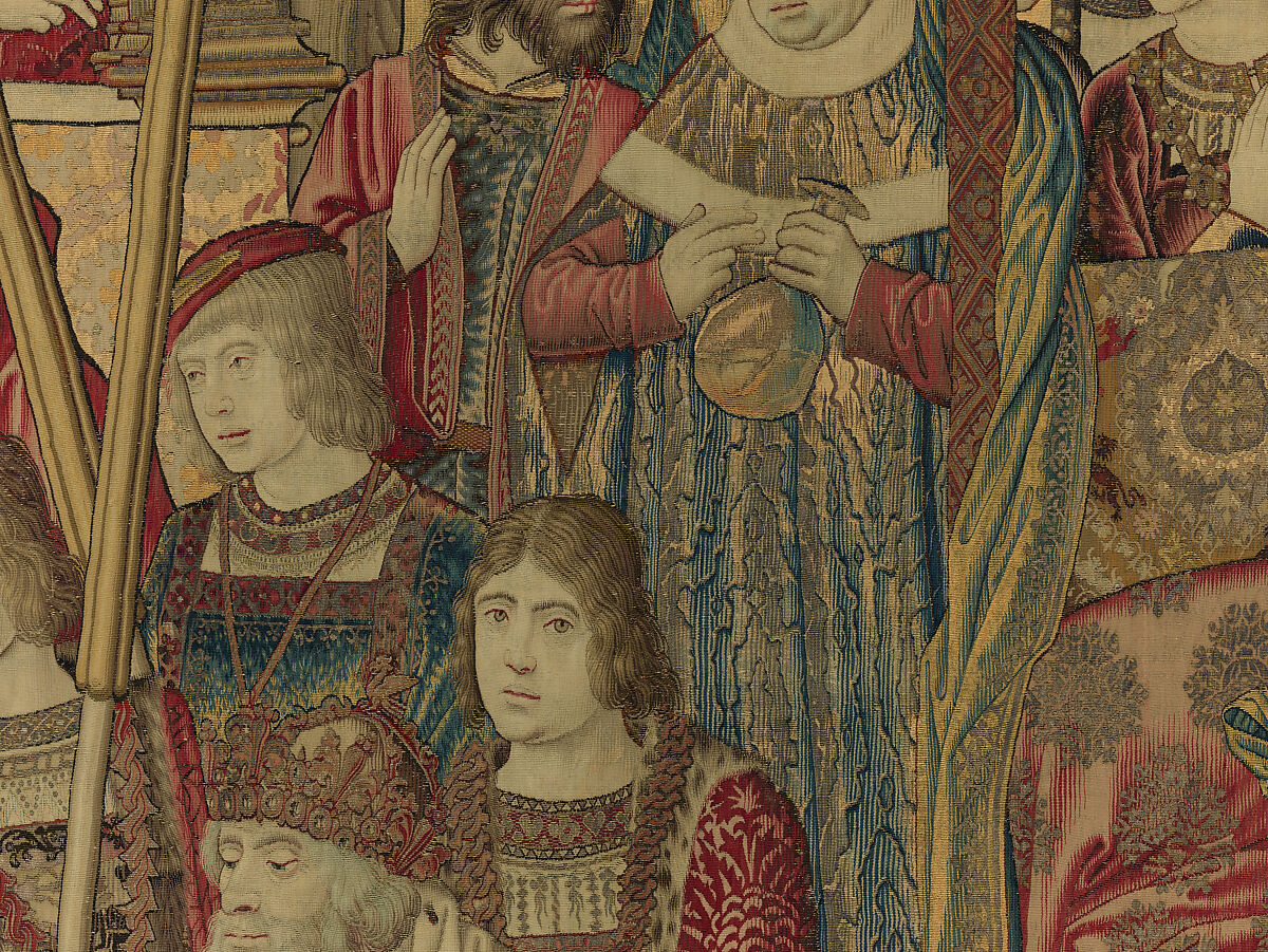 Emperor Vespasian Cured by Veronica's Veil, Wool, silk, and gilt-metal-strip-wrapped silk in slit, dovetailed, and double interlocking tapestry weave., Flemish, Brussels