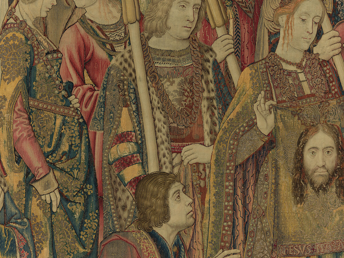 Emperor Vespasian Cured by Veronica's Veil, Wool, silk, and gilt-metal-strip-wrapped silk in slit, dovetailed, and double interlocking tapestry weave., Flemish, Brussels