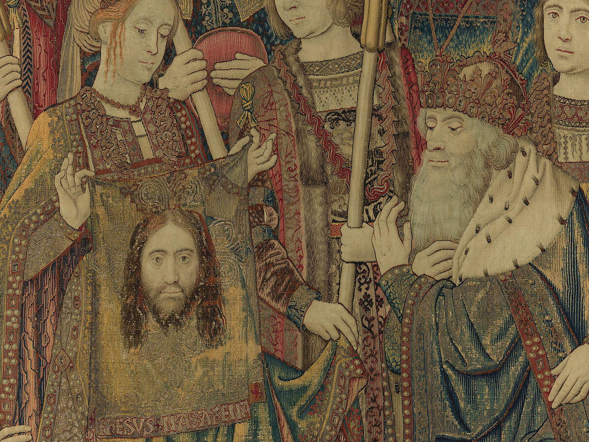 Emperor Vespasian Cured by Veronica's Veil, Wool, silk, and gilt-metal-strip-wrapped silk in slit, dovetailed, and double interlocking tapestry weave., Flemish, Brussels
