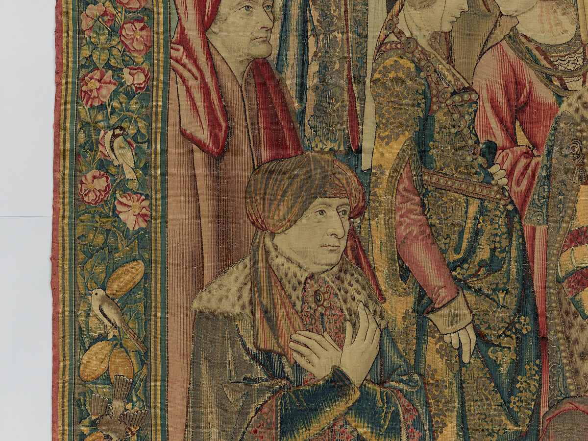 Emperor Vespasian Cured by Veronica's Veil, Wool, silk, and gilt-metal-strip-wrapped silk in slit, dovetailed, and double interlocking tapestry weave., Flemish, Brussels