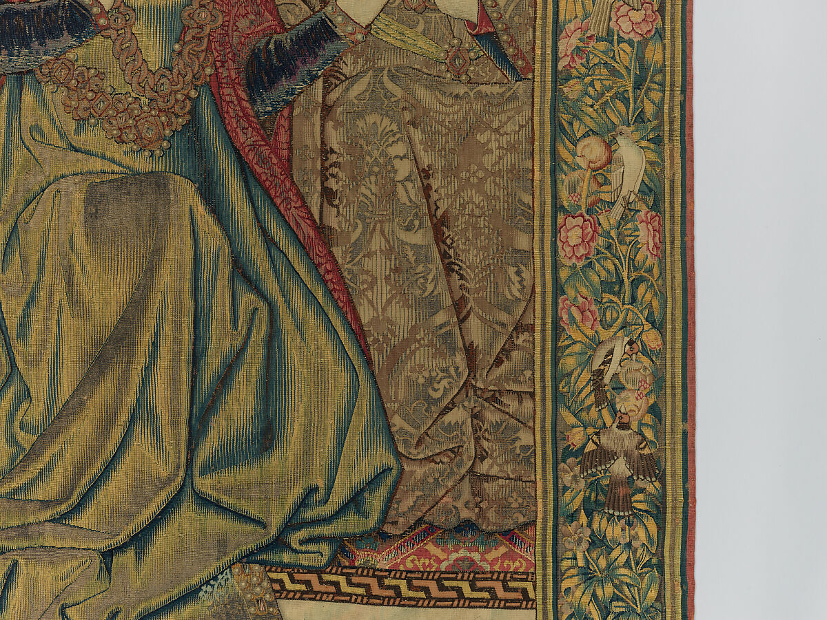 Emperor Vespasian Cured by Veronica's Veil, Wool, silk, and gilt-metal-strip-wrapped silk in slit, dovetailed, and double interlocking tapestry weave., Flemish, Brussels