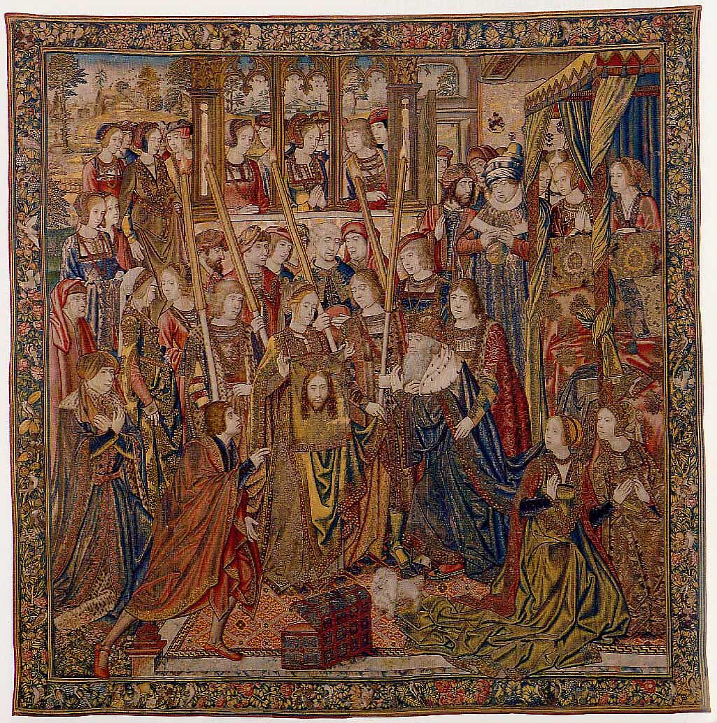 Emperor Vespasian Cured by Veronica's Veil, Wool, silk, and gilt-metal-strip-wrapped silk in slit, dovetailed, and double interlocking tapestry weave., Flemish, Brussels